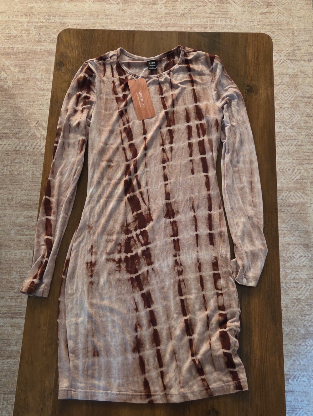 SHEIN Long Sleeve Tie-Dye Midi Dress - Brown & Beige